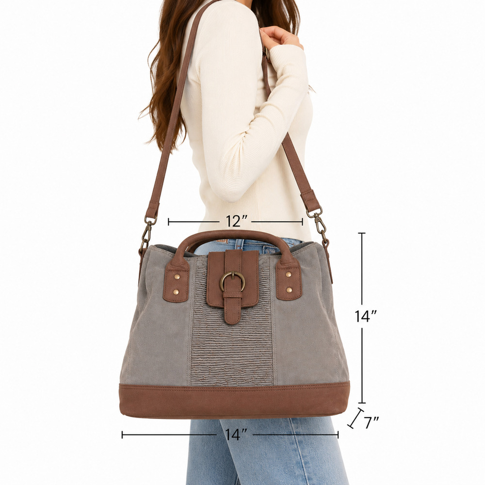 Mo & Co Large Satchel Shoulder Bag Purse Handbag Leather Canvas Boho 14x14x7